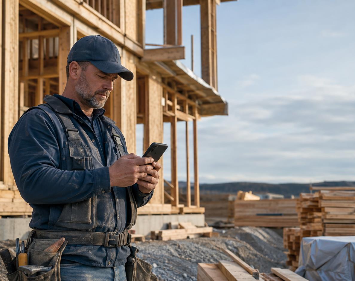 A builder using a phone beside the timber framing of a house under construction.